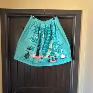 Unique Vintage Teal Circle Skirt with Retro Cat Print